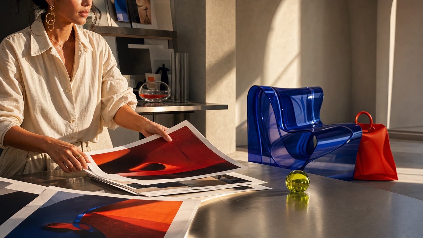 Creative director reviewing campaign prints in a sunlit studio